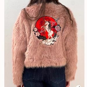 *RARE* Nicki Minaj UNICORN Faux Fur Pink Jacket Cropped Pink Fur Coat Sz L NWOT